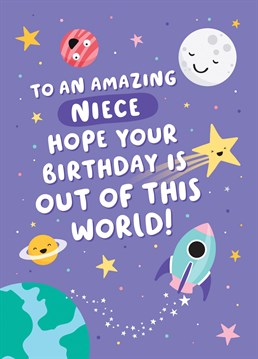 Wish an amazing Niece a birthday that is out of this world with this colourful and fun space themed birthday card. Designed by Macie Dot Doodles.