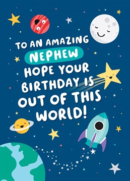 Wish an amazing Nephew a birthday that is out of this world with this colourful and fun space themed birthday card. Designed by Macie Dot Doodles.