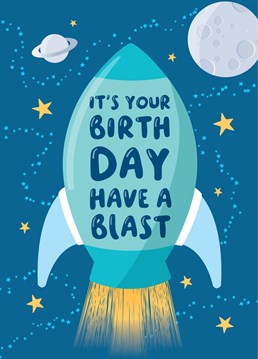 Wish a space fan happy birthday with this cute and colourful card featuring a rocket in space illustration. A fun card for a Nephew, Son, Grandson, Daughter, Niece, or any other child.