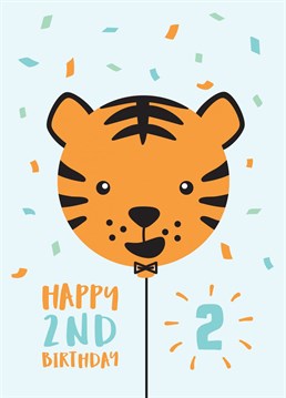 Wish a special little boy or girl a happy 2nd birthday with this cute tiger balloon card, designed by Macie Dot Doodles.
