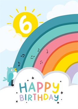 Wish a special six year old a very happy birthday, with this bright and colourful rainbow card designed by Macie Dot Doodles.
