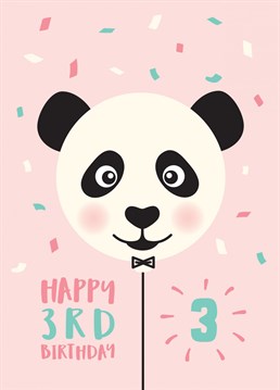 Wish a special little girl a happy 3rd birthday with this super cute panda balloon birthday card. Designed by Macie Dot Doodles.