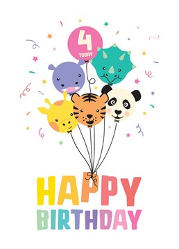 Wish a girl or boy a happy 4th birthday with this bunch of happy balloon animals! Designed by Macie Dot Doodles.