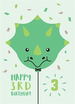 Wish a special little boy or girl a happy 3rd birthday with this super cute dinosaur balloon birthday card. Designed by Macie Dot Doodles.