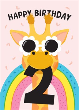 A fun 2nd birthday card featuring a giraffe and rainbow. This card would be perfect for a special girl turning two - Daughter, Granddaughter, Niece, Sister or Friend. Designed by Macie Dot Doodles.