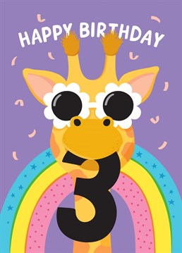 A fun 3rd birthday card featuring a giraffe and rainbow. This card would be perfect for a special girl turning three - Daughter, Granddaughter, Niece, Sister or Friend. Designed by Macie Dot Doodles.