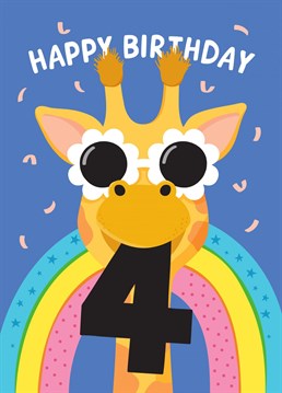 A fun 4th birthday card featuring a giraffe and rainbow. This card would be perfect for a special girl turning four - Daughter, Granddaughter, Niece, Sister or Friend. Designed by Macie Dot Doodles.