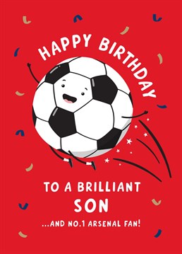 Send a brilliant Son and a No.1 Arsenal fan happy birthday wishes with this fun football themed birthday card featuring their favourite team! Designed by Macie Dot Doodles.