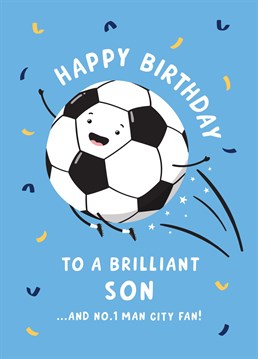 Send a brilliant Son and a No.1 Man City fan happy birthday wishes with this fun football themed birthday card featuring their favourite team! Designed by Macie Dot Doodles.