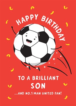 Send a brilliant Son and a No.1 Man United fan happy birthday wishes with this fun football themed birthday card featuring their favourite team! Designed by Macie Dot Doodles.