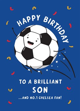 Send a brilliant Son and a No.1 Chelsea fan happy birthday wishes with this fun football themed birthday card featuring their favourite team! Designed by Macie Dot Doodles.