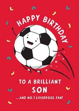 Send a brilliant Son and a No.1 Liverpool fan happy birthday wishes with this fun football themed birthday card featuring their favourite team! Designed by Macie Dot Doodles.