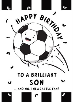 Send a brilliant Son and a No.1 Newcastle fan happy birthday wishes with this fun football themed birthday card featuring their favourite team! Designed by Macie Dot Doodles.