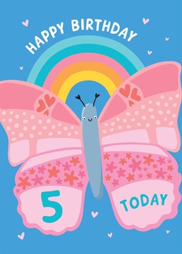 Wish a special little girl a Happy 5th Birthday, with this cute and colourful card featuring a rainbow and butterfly illustration, designed by Macie Dot Doodles.