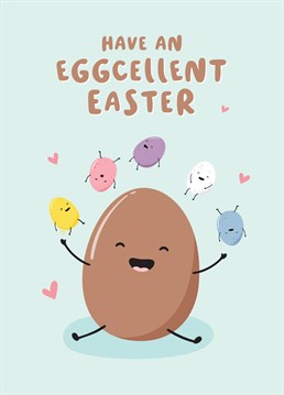Wish a child or adult an Eggcellent Easter with this funny Easter card featuring happy chocolate eggs. Designed by Macie Dot Doodles.
