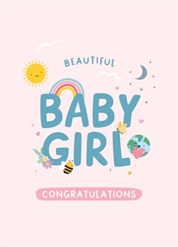 Congratulate the new parents and welcome their new baby girl into the world, with this colourful and pretty card featuring cute mini illustrations. Designed by Macie Dot Doodles.
