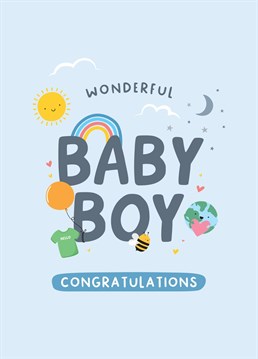 Congratulate the new parents and welcome their new baby boy into the world, with this cute and colourful card featuring mini illustrations. Designed by Macie Dot Doodles.