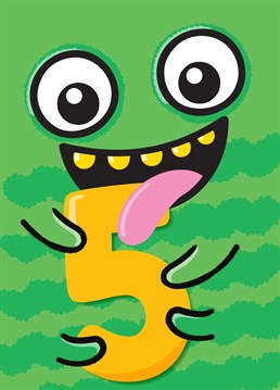 Send a special little someone this fun, colourful and cute birthday card, featuring a cheeky monster holding the number 5. A great age card for kids.