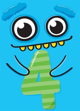 Send a special little someone this fun, colourful and cute 4th birthday card, featuring a cheeky monster holding the number 4. A great age card for kids designed by Macie Dot Doodles.