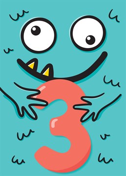 Send a special little someone this fun, colourful and cute 3rd birthday card, featuring a cheeky monster holding the number 3. A great age card for kids designed by Macie Dot Doodles.