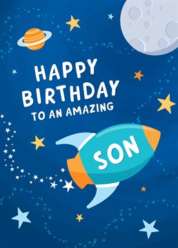 Send an amazing Son Happy Birthday wishes, with this colourful and bold card featuring a rocket and space scene. Designed by Macie Dot Doodles.