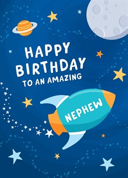 Send an amazing Nephew Happy Birthday wishes, with this colourful and bold card featuring a rocket and space scene. Designed by Macie Dot Doodles.