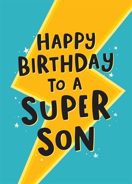 Wish a super a super Son a Happy Birthday with this bold and colourful superhero themed card with hand drawn text. Designed by Macie Dot Doodles.