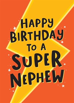 Wish a super a super Nephew a Happy Birthday with this bold and colourful superhero themed card with hand drawn text. Designed by Macie Dot Doodles.