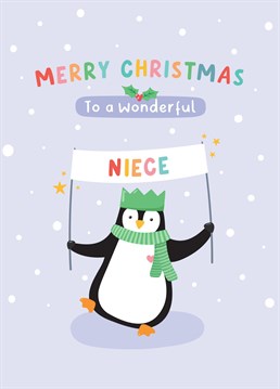 Wish a wonderful Niece a very Merry Christmas with this colourful card featuring a cute penguin illustration. Designed by Macie Dot Doodles.