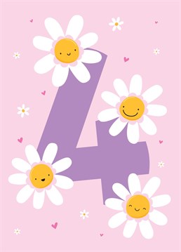 Send a special girl or boy Happy 4th Birthday wishes, with this cute and colourful birthday card featuring happy daisies. Designed by Macie Dot Doodles.