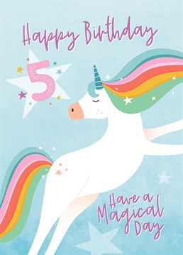 Wish a little unicorn lover a happy 5th birthday with this colourful card by Macie Dot Doodles.
