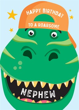 Wish a dinosaur mad Nephew a happy birthday with this funny dino face card. Designed by Macie Dot Doodles.