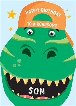 Wish a dinosaur mad Son a happy birthday with this funny dino face card. Designed by Macie Dot Doodles.
