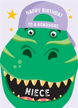 Wish a dinosaur mad Niece a happy birthday with this funny dino face card. Designed by Macie Dot Doodles.