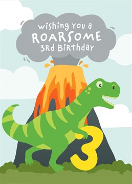 Wish a dinosaur mad fan a happy 3rd birthday, with this colourful dinosaur and erupting volcano card. Designed by Macie Dot Doodles.
