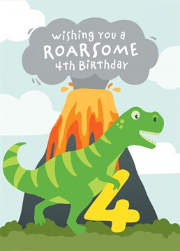 Wish a dinosaur mad fan a happy 4th birthday, with this colourful dinosaur and erupting volcano card. Designed by Macie Dot Doodles.