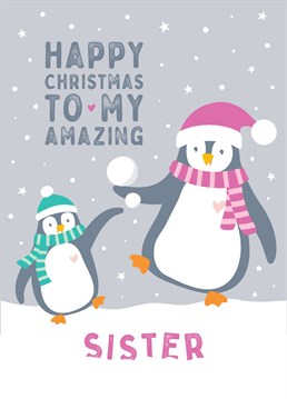 Wish a special big or little Sister a Happy Christmas, with this cute penguin Christmas card. Designed by Macie Dot Doodles.