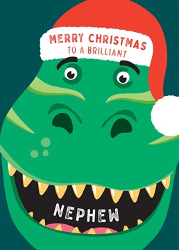 Wish a dino mad Nephew a roarsome Christmas with this fun dinosaur Christmas card. Designed by Macie Dot Doodles.
