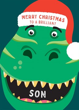 Wish a dino mad Son a roarsome Christmas with this fun dinosaur Christmas card. Designed by Macie Dot Doodles.