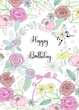 Send a beautiful floral pattern happy birthday card featuring roses and leaves arranged around a wreath design.