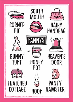 Who knew there were so many names for the female genitals? Send this funny Lowe and Behold design to a right fanny and give them a giggle!