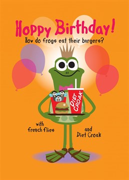Who doesn't love a good joke on their birthday! Send this funny frog themed card and guess how frogs eat their burgers!