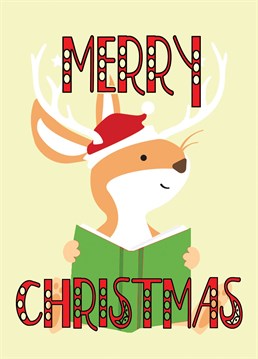 Cute Christmas card with sweet little bunny rabbit wearing a Santa hat and reading before bed on Christmas eve.