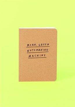 It may not actually be green, but doesn't it look all recycled and eco-friendly?! Save the trees! The perfect notebook to either gift to a conscious queen, or Shrek. This A5 softback notebook is perfect bound and contains high quality lined paper.