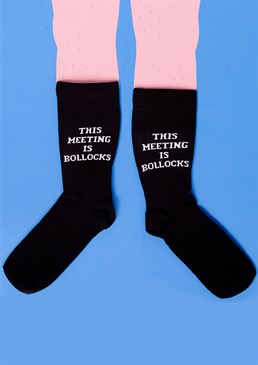 Wear these socks to a meeting and make co workers stifle a laugh.. These socks are made from: 77% Cotton 22% Polyamide 1% Elastane.. Available in sizes 6-11.. We've all been in those hideously long and unnecessary meetings. You just know the person taking the darn thing is elongating the whole thing because they love the sound of their own voice. More to the point everyone else knows it too! Be sure to pull up the This Meeting is Bollocks Socks and get a good laugh in the meeting room. Either flash them at a co worker and make them stifle laughter or share the joke with everyone and ease that tension. These make a great gift for anyone who just loves yammering on in a meeting and a great  gift too.