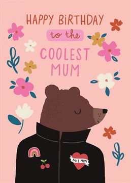 A pink illustrated birthday card featuring a mama bear, wearing a leather jacket to show your mum how special she is. This birthday card for her reads "Happy Birthday to the Coolest Mum". This female birthday card is a bright, beautiful design that will bring a bit of fun to women of all ages.