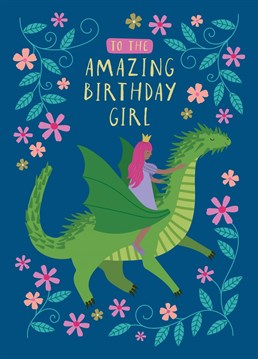 A sweet, illustrated birthday card for kids featuring a princess riding on a cute green dragon and the caption "To the Amazing Birthday Girl". This kid's birthday card makes for a shiny celebration for any little girl. Make a memorable impact with the all ages childrens birthday card, which brings fun fantasy elements full of wonder.