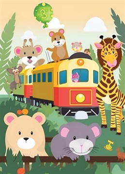 This "Animals on Train" theme birthday card is perfect to send a little one who is turning 3 years old!