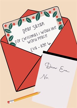 Send your loved ones Christmas wishes with this funny dear Satan card. Designed by Nicola Jo.