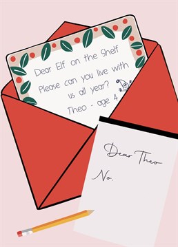 Send your loved one Christmas wishes with this funny Elf on the shelf card. Designed by Nicola Jo Studio.